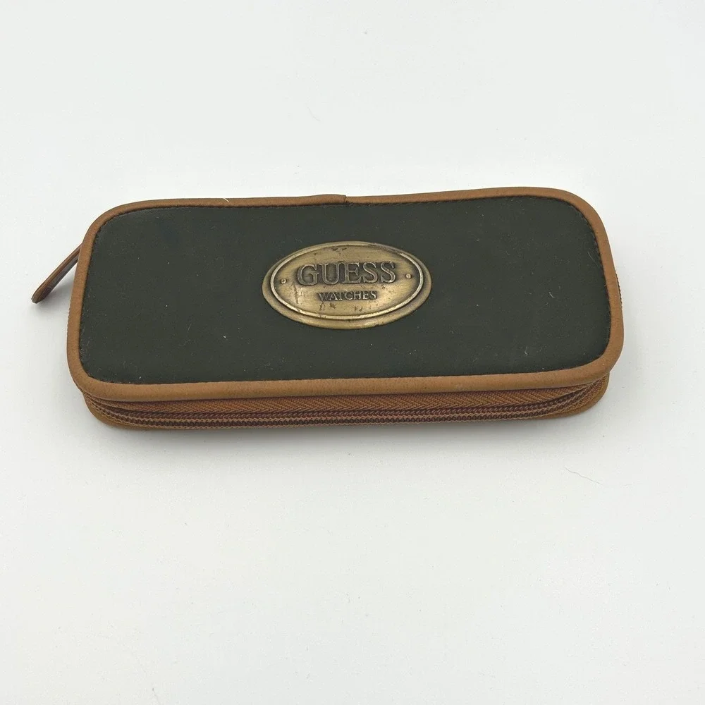 Vintage Guess Watches‎ Travel Case Green Brown Zip Around Pouch Brass Logo